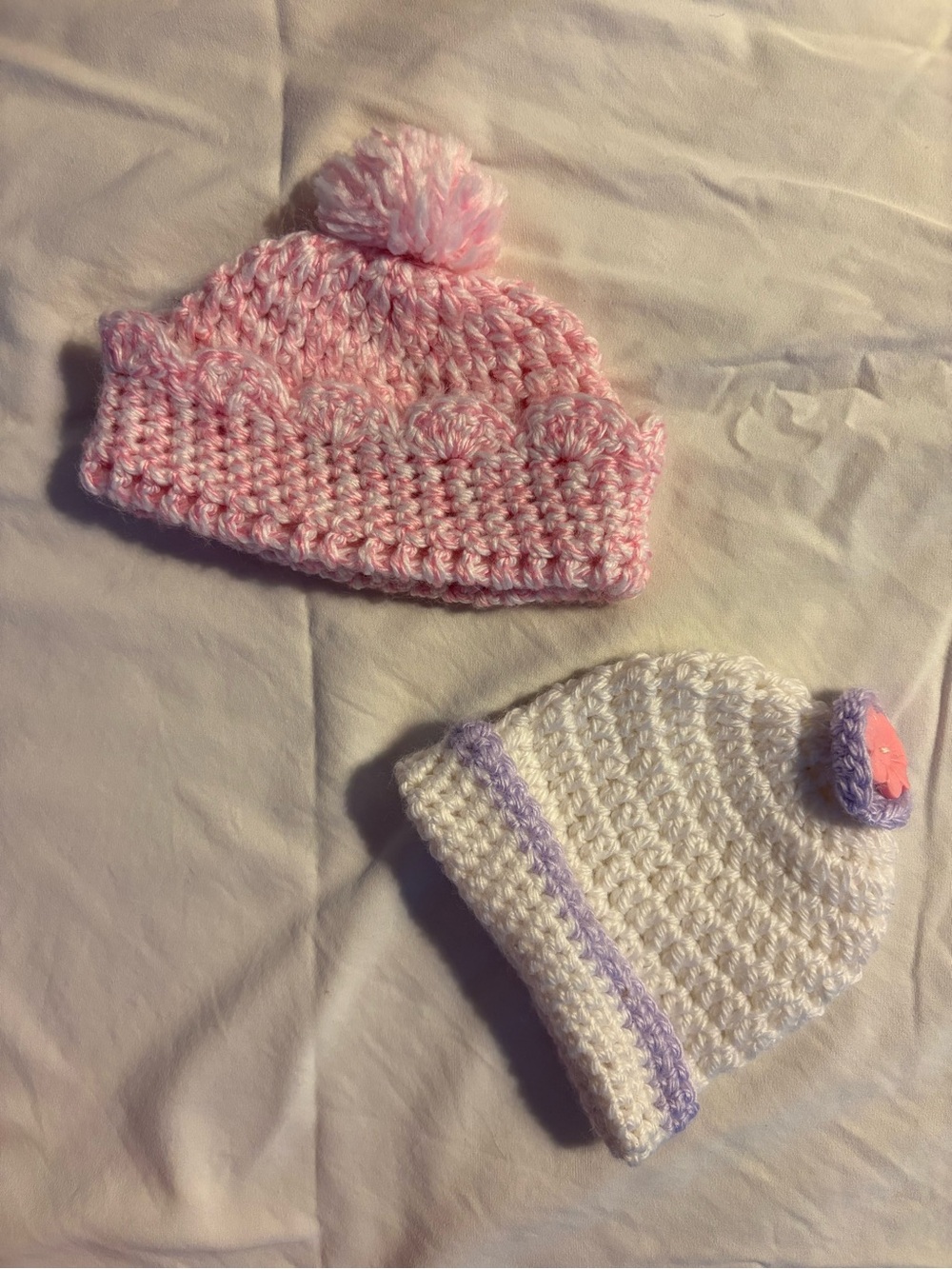Handmade Pink and White Crochet Baby Hats - Soft Pom Beanie Set